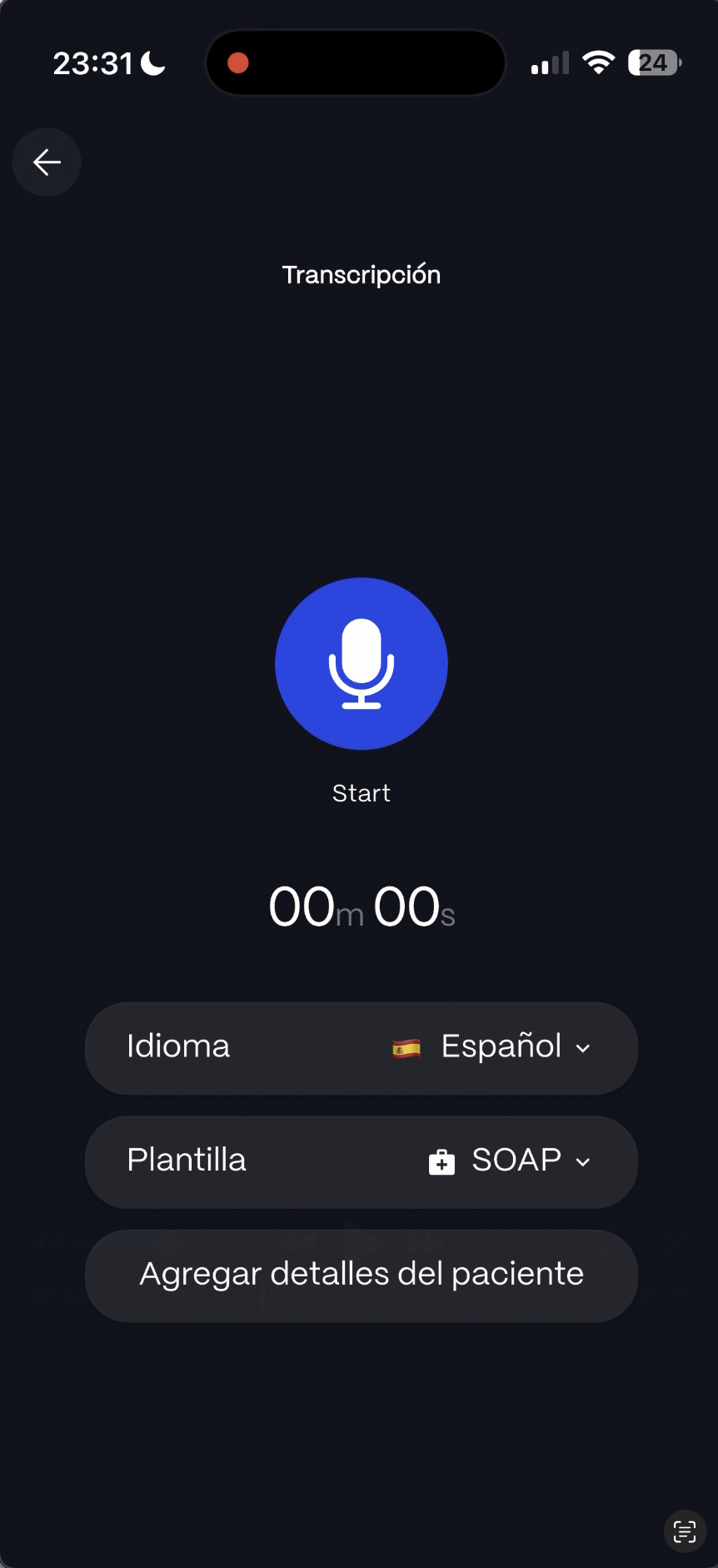 Pantalla de inicio de transcripción en Keikku